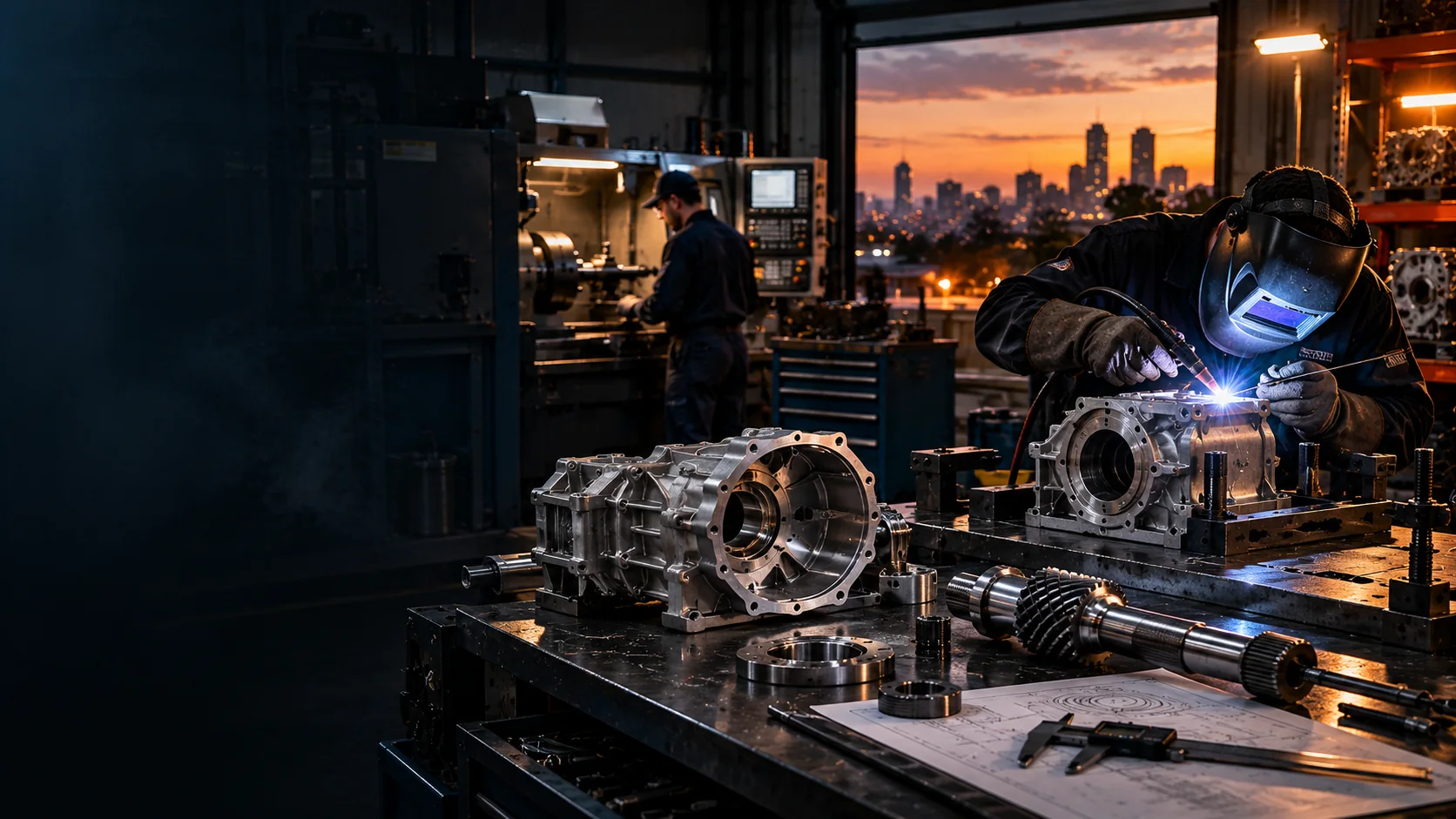 Illustrative specialist welding and machining workshop scene